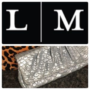 Lauren Merkin clutch blue metallic snakeskin